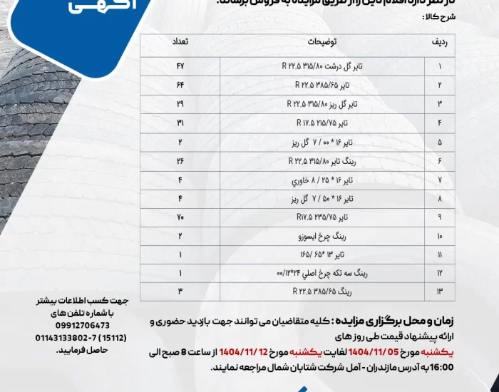 مزایده فروش لاستیک و رینگ خودروهای سنگین و نیمه‌سنگین – شتابان شمال بهمن ۱۴۰۴