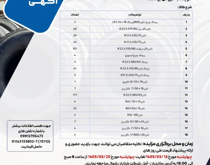 مزایده فروش حدود ۵۰۰ حلقه لاستیک و رینگ خودروهای سنگین و نیمهسنگین شرکت شتابان شمال خرداد ۱۴۰۵