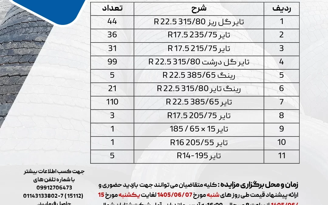 مزایده فروش انواع لاستیک و رینگ خودروهای سنگین و نیمهسنگین شرکت شتابان شمال شهریور ۱۴۰۵