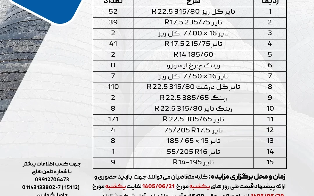 مزایده فروش لاستیک و رینگ خودروهای سنگین و نیمهسنگین شتابان شمال – سری دوم شهریور ۱۴۰۵