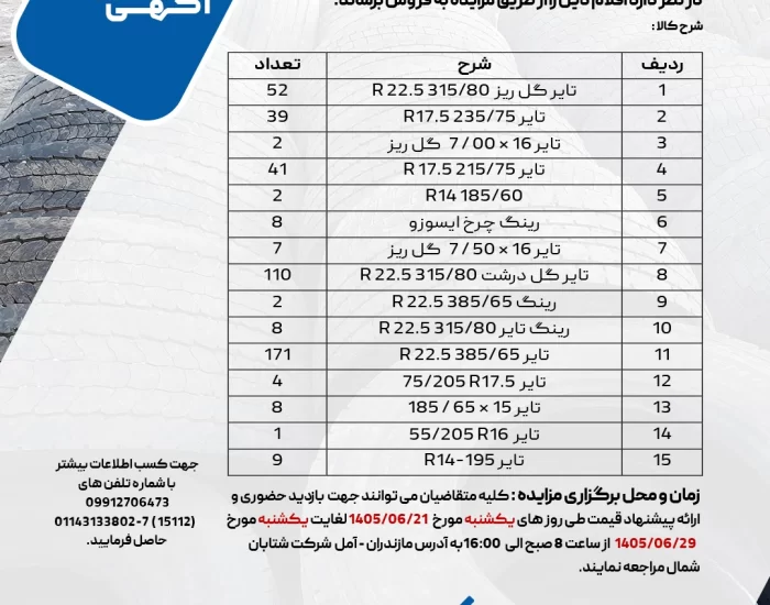 مزایده فروش لاستیک و رینگ خودروهای سنگین و نیمه‌سنگین شتابان شمال – سری دوم شهریور ۱۴۰۵
